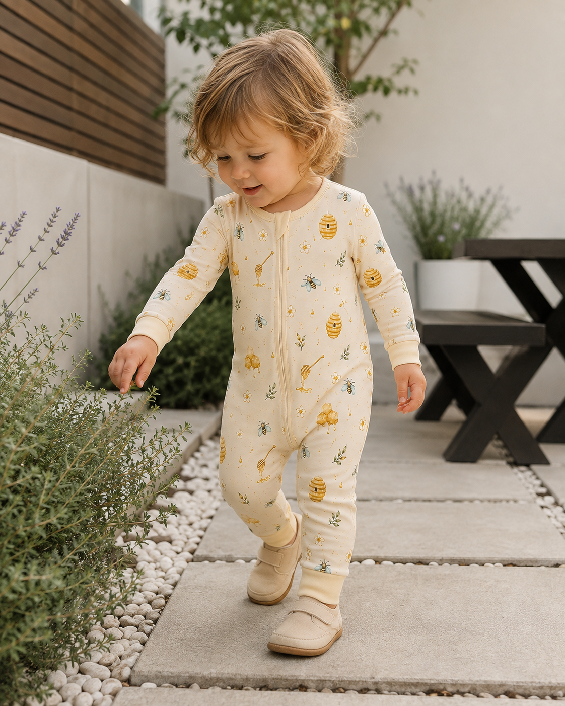 Baby pajamas with honey bees and beehive print, DreamZip Sleeper front view