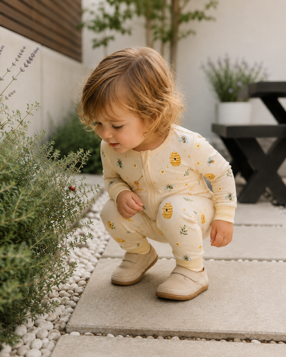 Baby zipper footie pajamas with honey bees and beehive print, DreamZip Sleeper front view